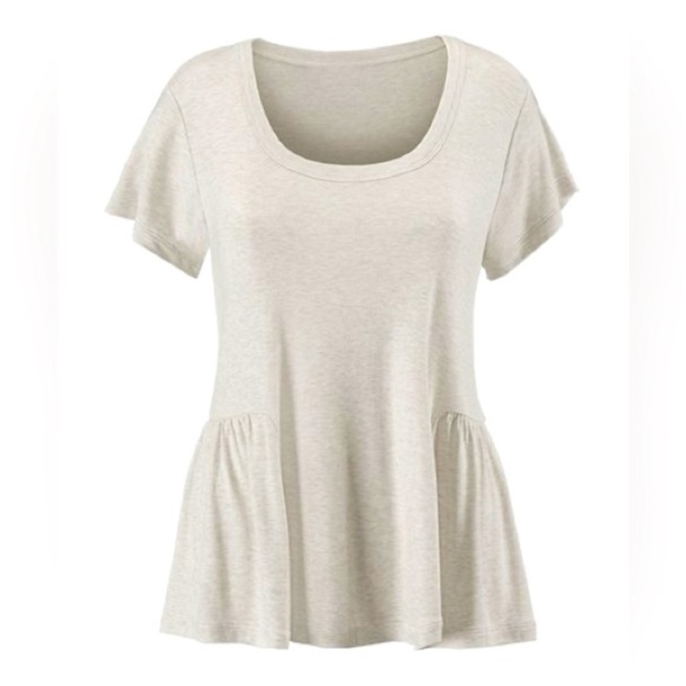 CAbi Short Sleeve Scoop Neck Peplum Tee in Light Beige